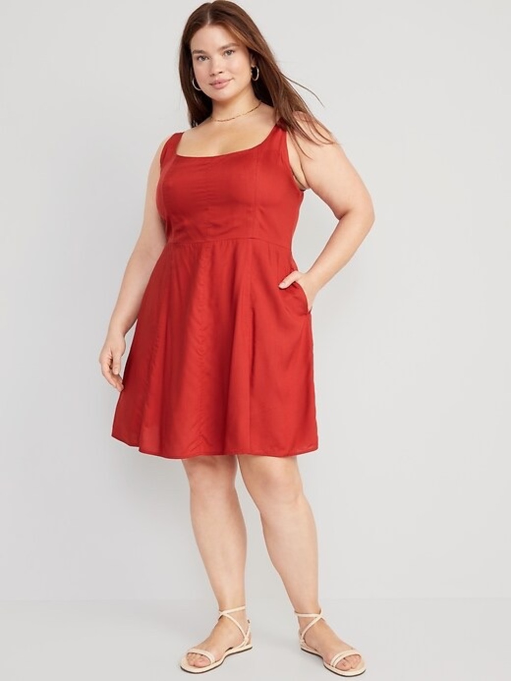 Old Navy Sleeveless Square-Neck Fit & Flare Dress in Terracotta Red